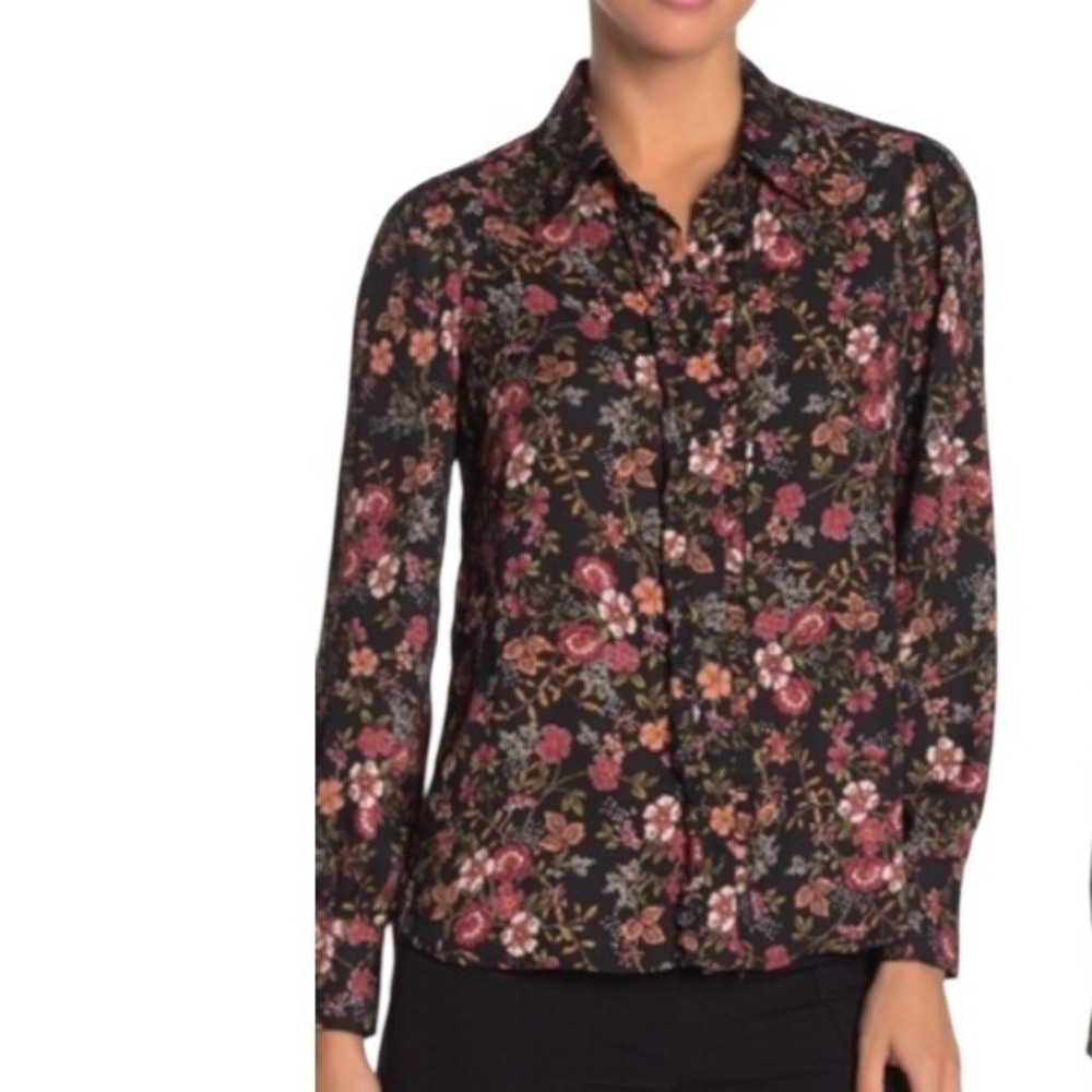 Pleione Womens XL Black Floral Long Sleeve Button Down Blouse Collared Top